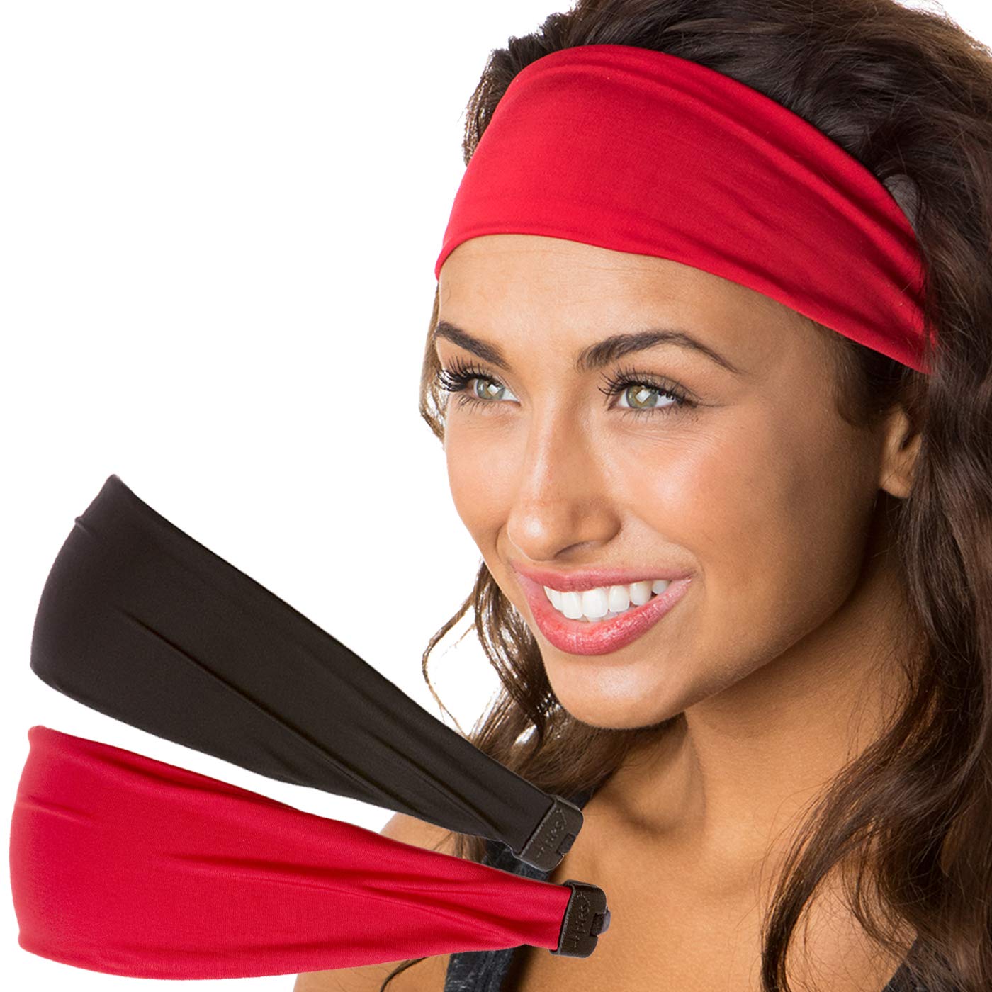 Hipsy Women's Adjustable & Stretchy Basic Xflex Headbands (Black & Red Basic 2pk)