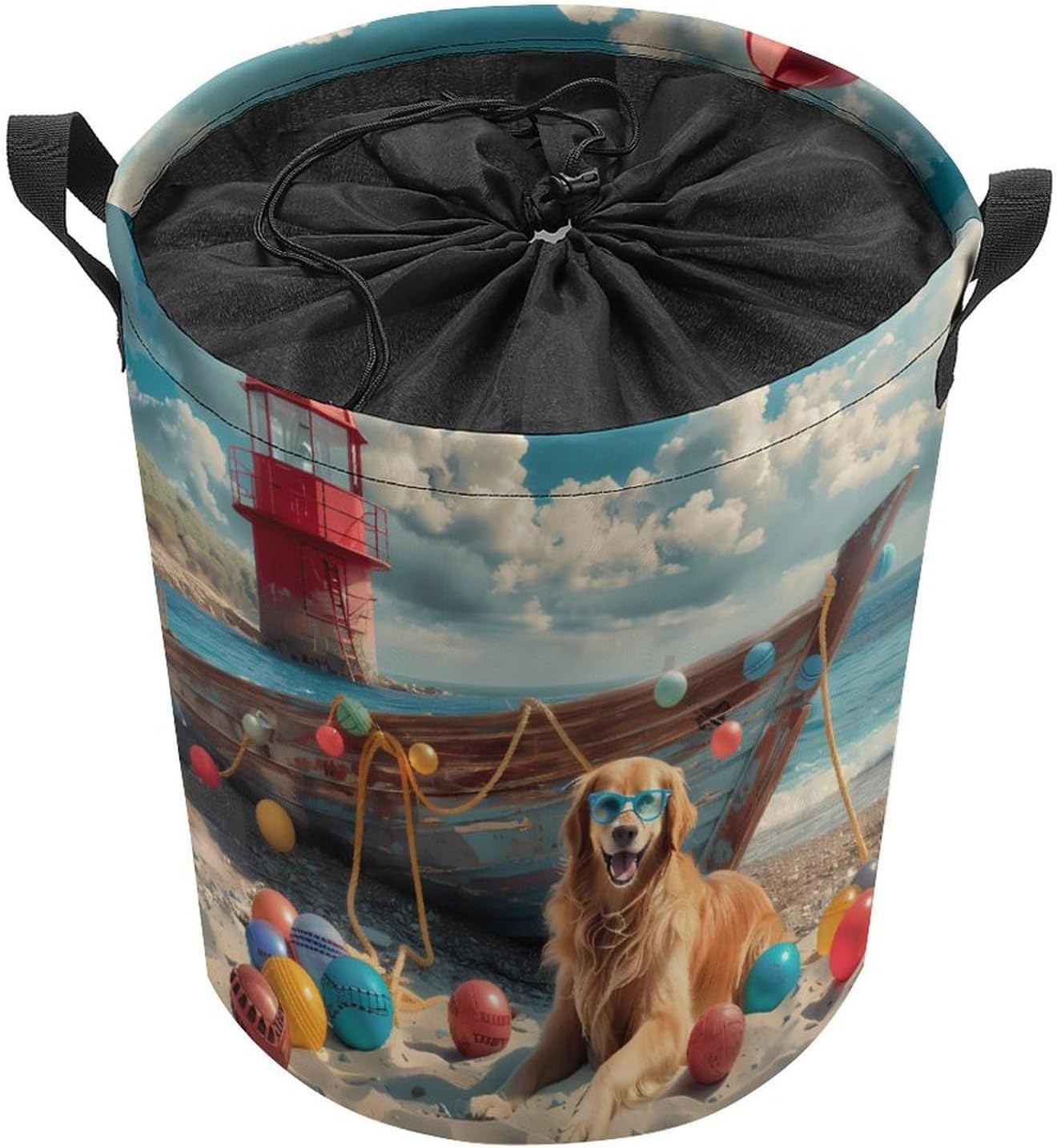 Beach Retriever Dog Laundry Basket Dirty Clothes Hamper Storage Laundry Bag with Handles for Dorm Room 44x35cm