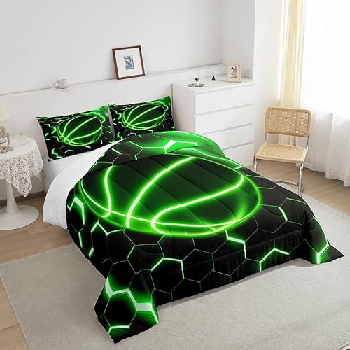 Miniatura 4 de Erosebridal Juego de ropa de cama de baloncesto neón, juego de edredón deportivo para jugadores, juegos de ropa de cama y colecciones de panal verde