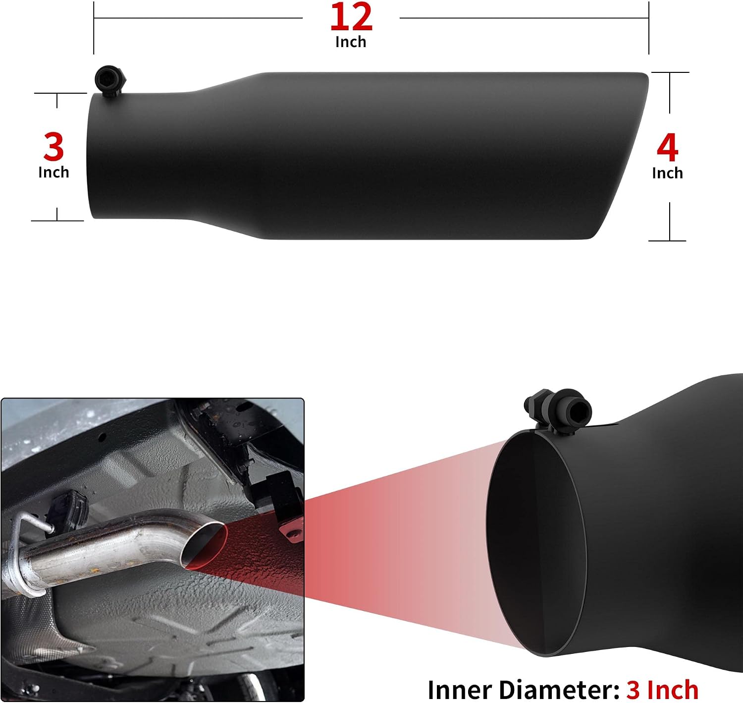 Richeer 3" Inlet Exhaust Tip, 4" Outlet 12" Overall Length Stainless Steel Exhaust Tip with Black Powder Coated Finish Universal for Vehicles with 3" O.D. Tailpipe, Bolt on