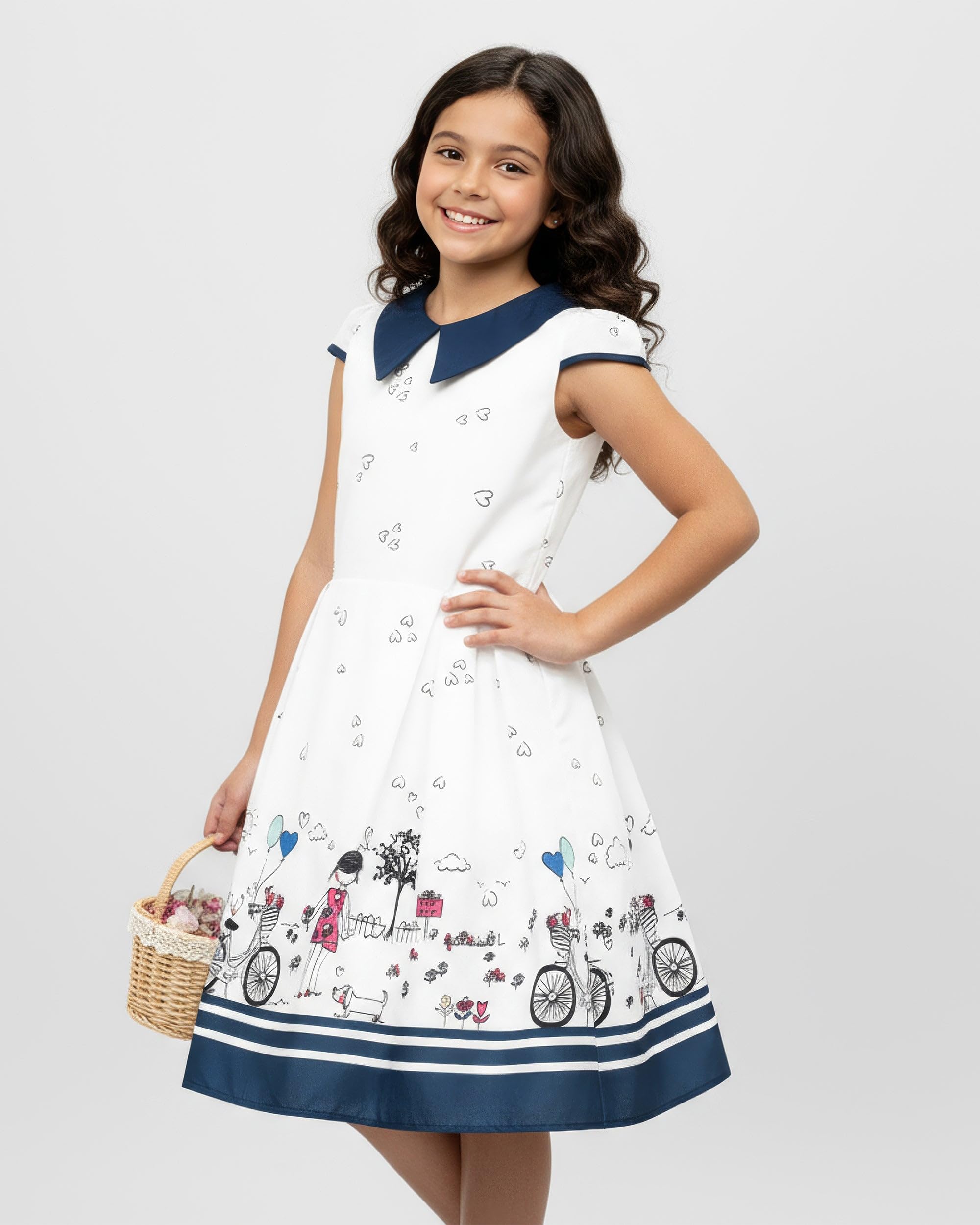 BlackButterfly Mädchen Kleid Olivia Herzen Print | Faltenrock, Flügelärmel, Bubikragen, Motivdruck Am Saum, Gefüttert, Reißverschluss Hinten, 3-14 Jahre