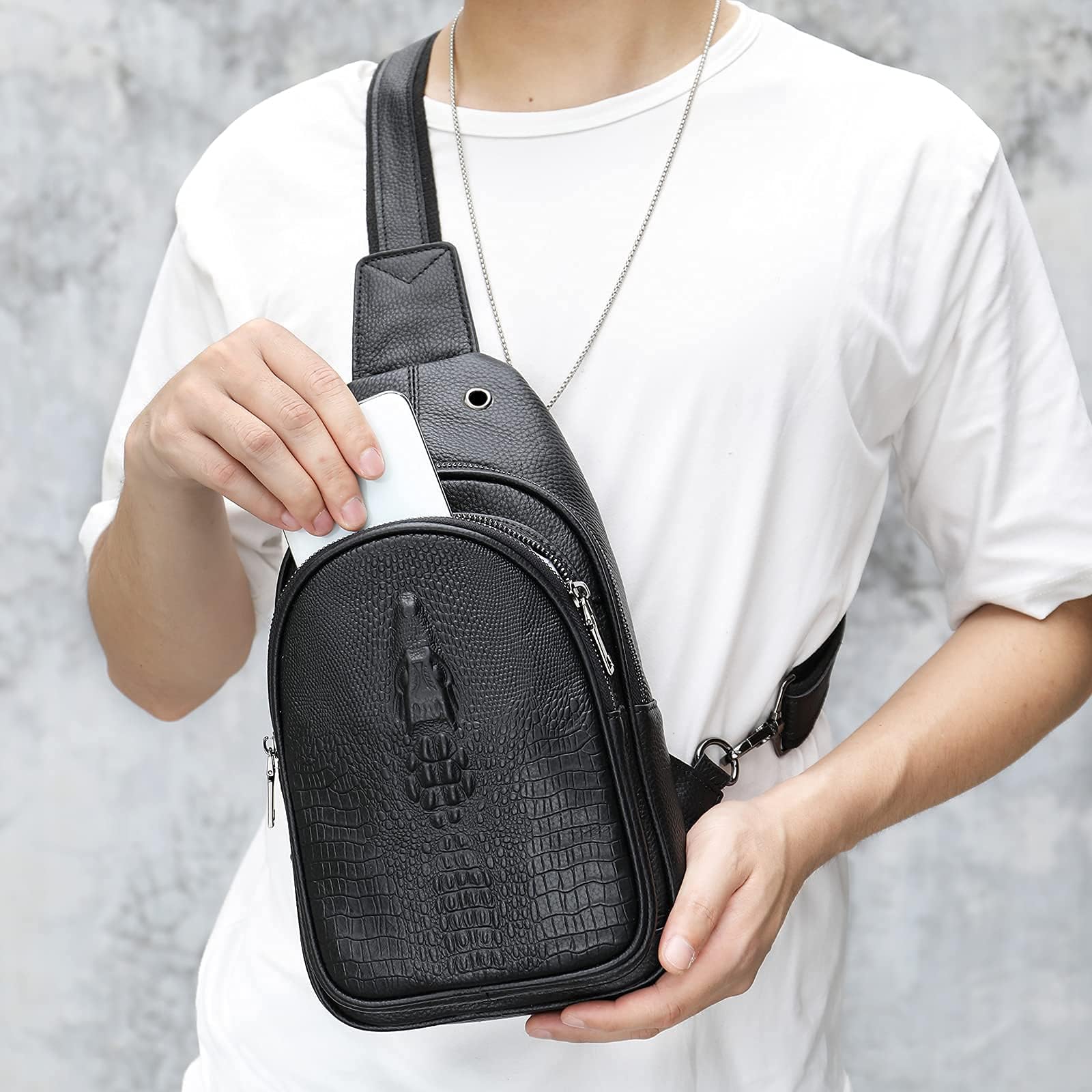 NIUCUNZH Crocodile Leather Sling Bag with Leather Strap, 3 Zipper Crossbody Shoulder Bags for Travel Hike Everyday Carry