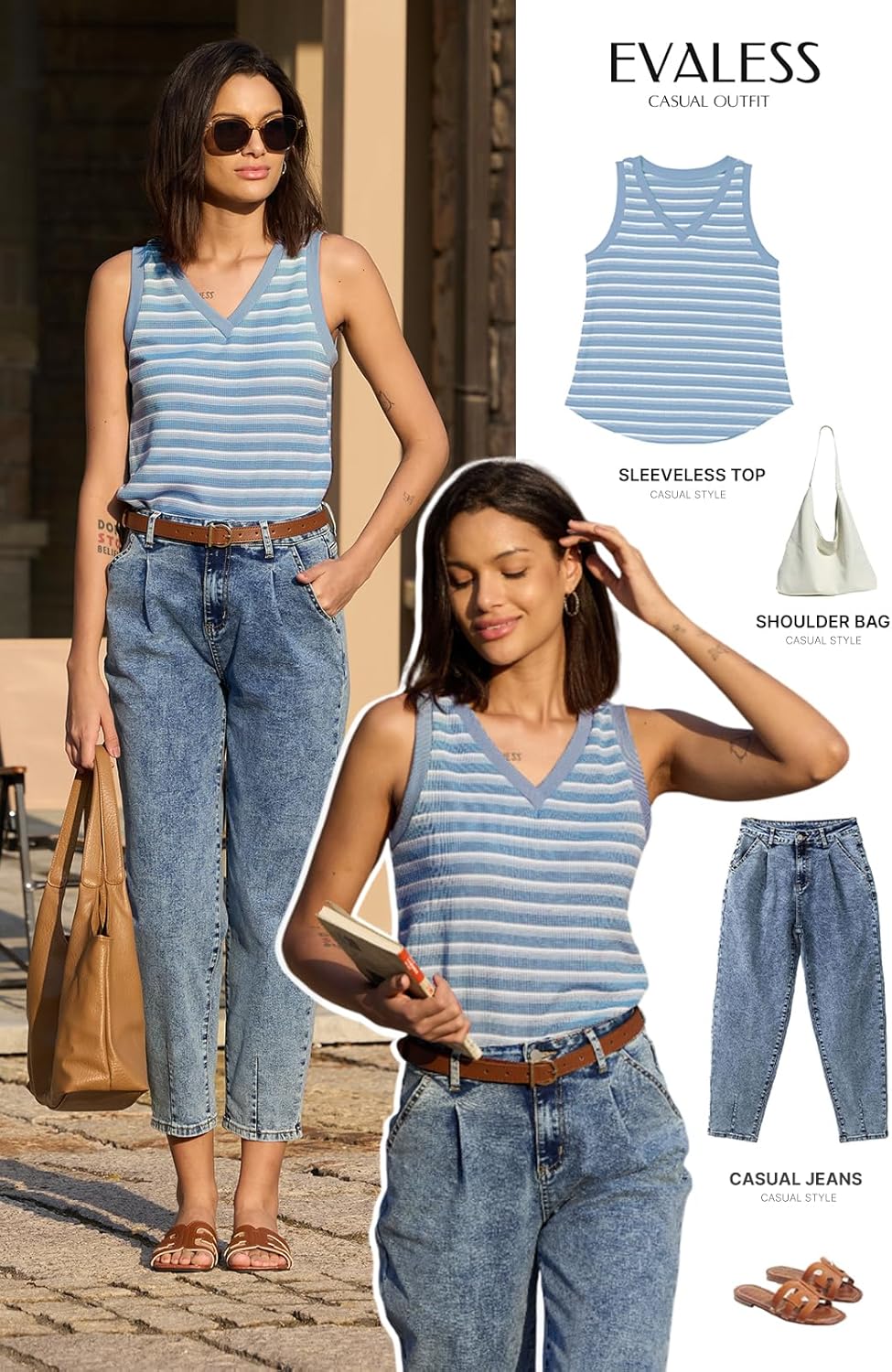 EVALESS Casual V Neck Tank Top for Women 2025 Spring Summer Tops Striped Tank Tops Sleeveless Tops Beach Vacation Clothes - Image 4