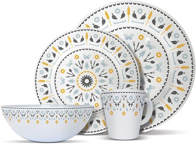 OLPRO Melamine Dinnerware Set, Camping/Picnic/Barbecue Dinner Set Plastic Melamine Whitbourne Outdoor Patterned Camping Set. Perfect for Outdoor al Fresco Dining (16 Piece)