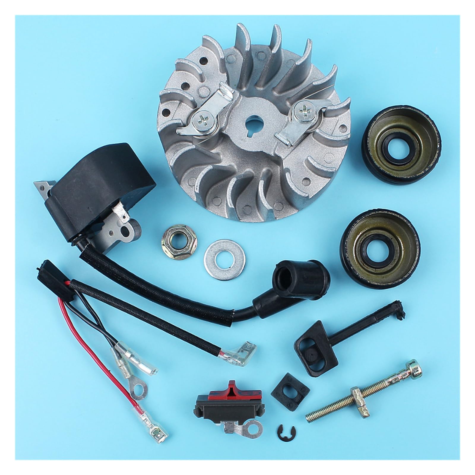 Interruptor de volante, bobina encendido, tensor cadena, sellos aceite for HUSQVARNA 137 137E 142 142E, motosierra con tuercas, palanca estrangulación