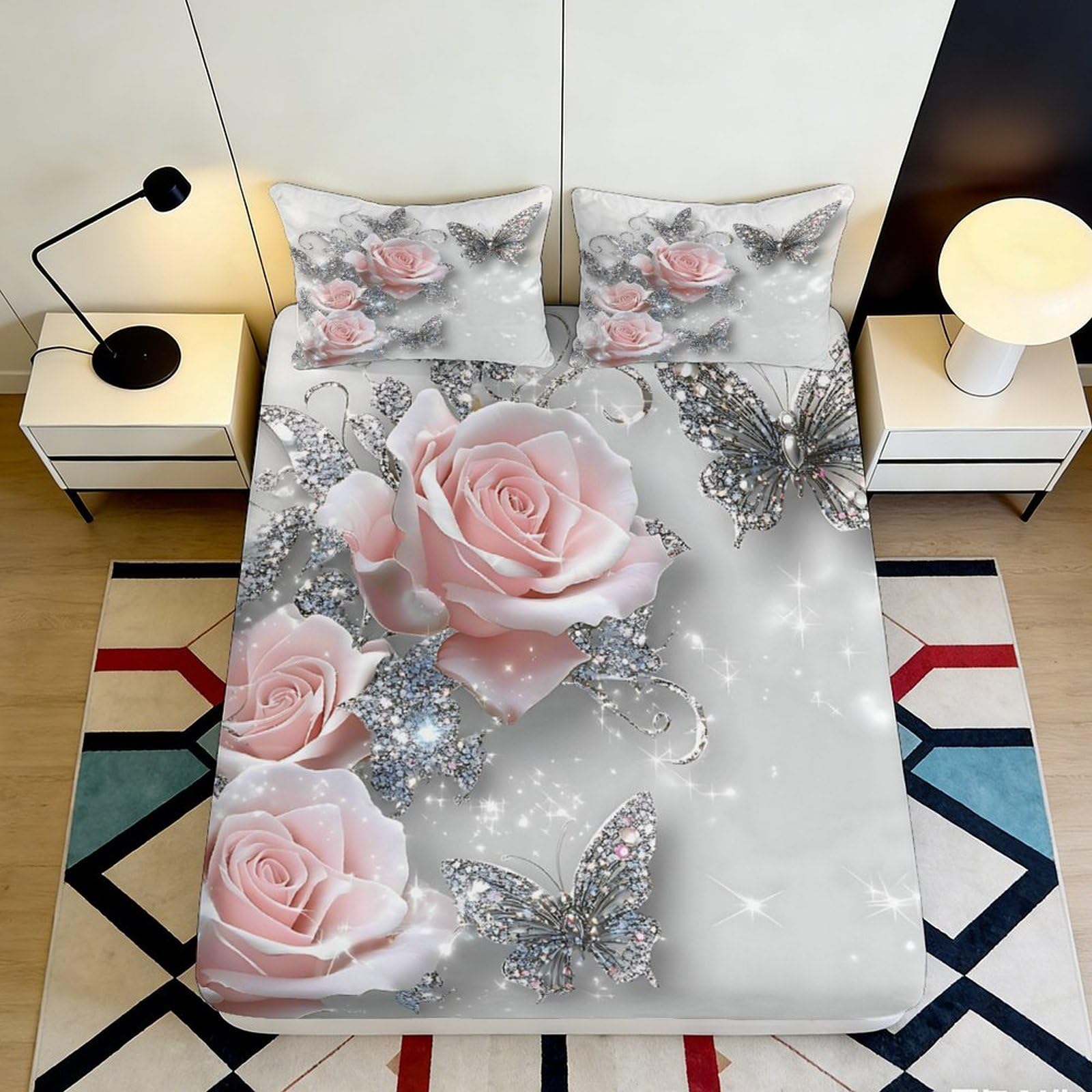 3D Printed Pink Rose Fitted Sheet Microfiber Soft Bedroom Decor Butterfly Mattress Cover for Home Guest Room 90x200x25cm