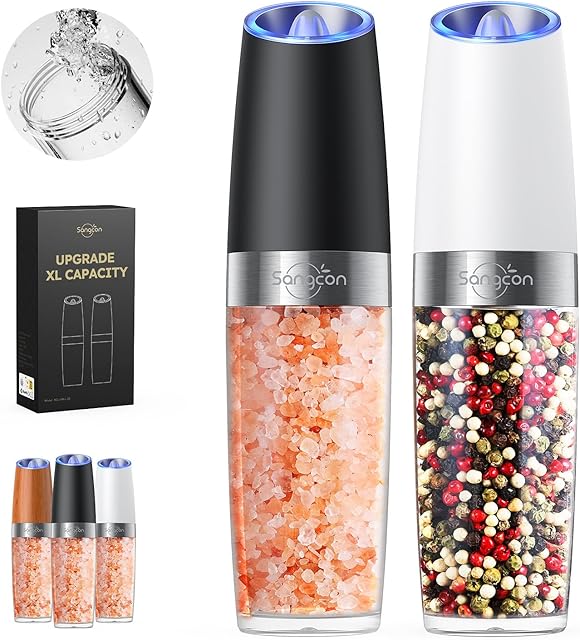 Sangcon Gravity Electric Salt and Pepper Grinder Set Battery Powered Refillable Automatic Operation Adjustable Coarseness Mill Grinder Shakers Set