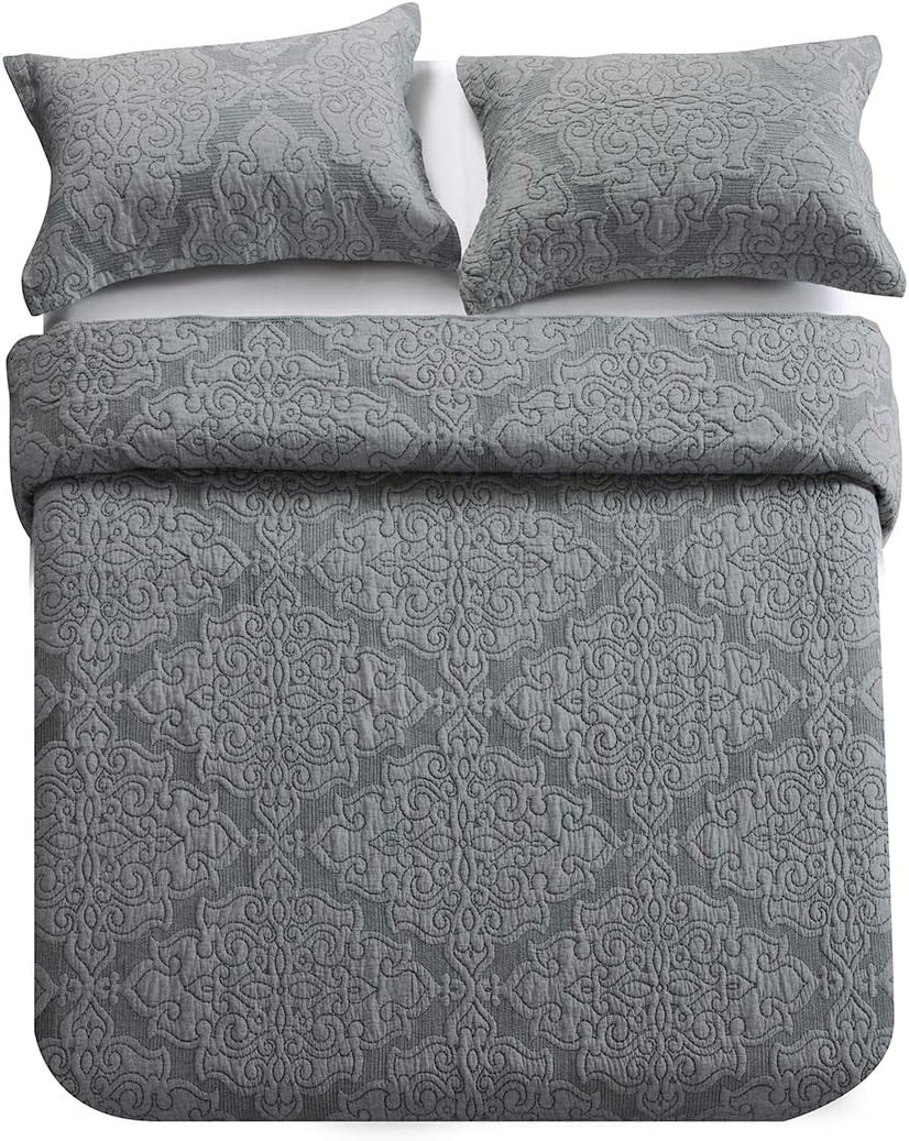 Travan Bedspread Cotton Quilt Set 3-Piece Oversized Queen Quilted Reversible Embroidered Bedding Set with Shams (Elegant Grey, Queen)