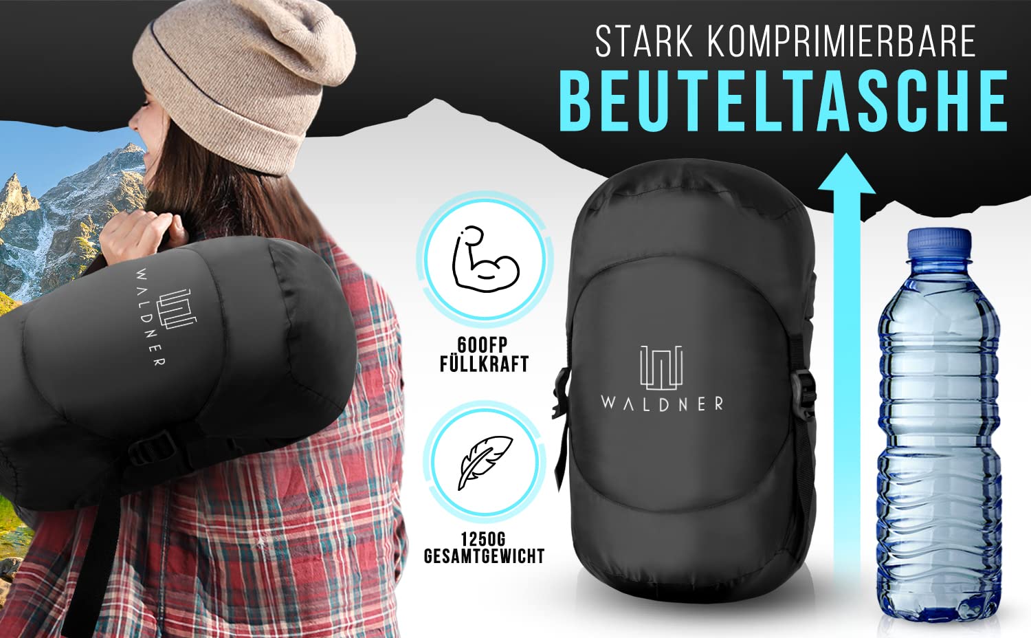 WALDNER Daunenschlafsack Ultraleicht, kleines Packmaß, 4 Jahreszeiten, 800g Daunen, 600FP Bauschkraft, Schlafsack Outdoor und Camping, leicht & warm
