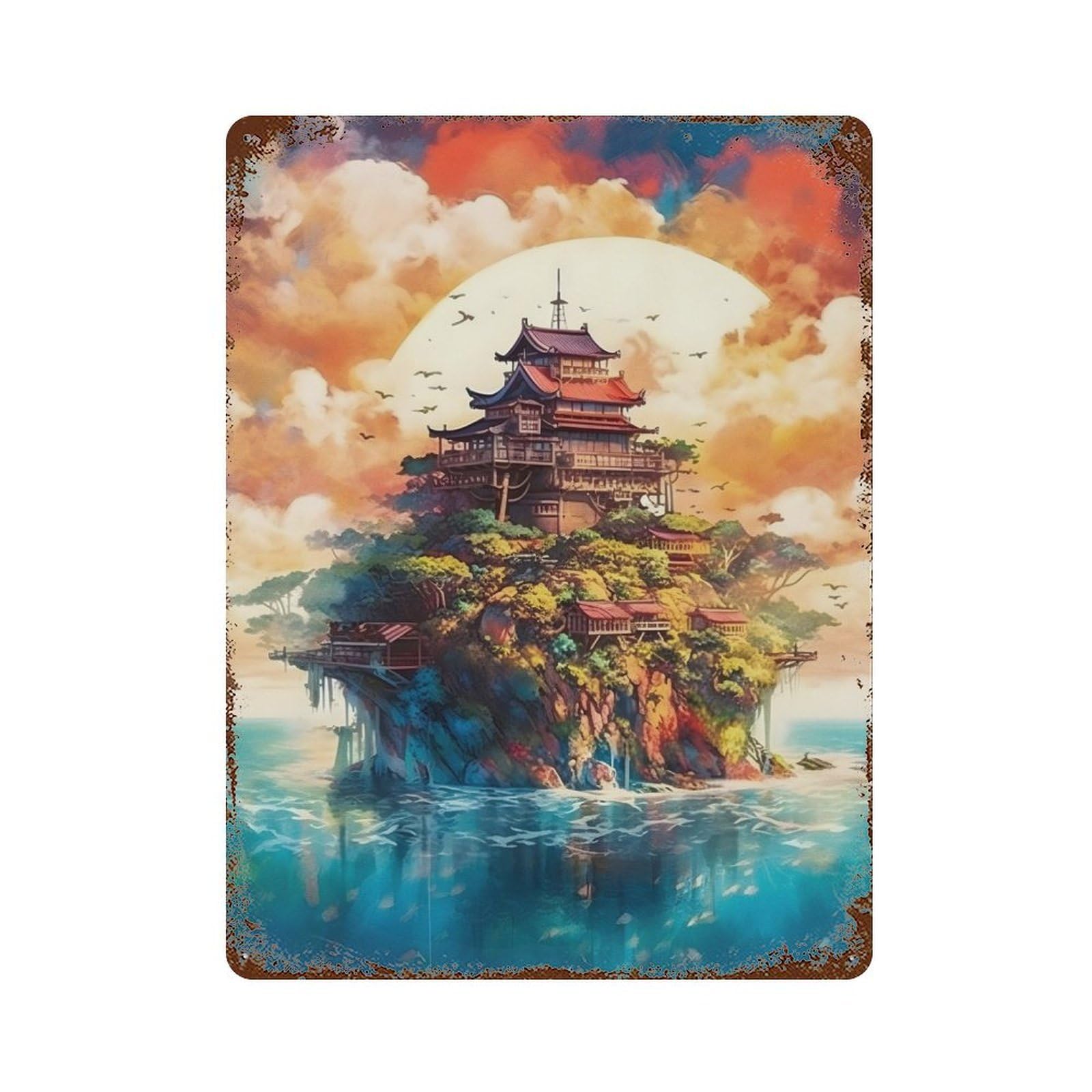 Rust Effect Pagodas Island Rusty Metal Tin Sign 15.7"x11.8", Rustic Home Decor for Living Room, Hallway And Home Decor