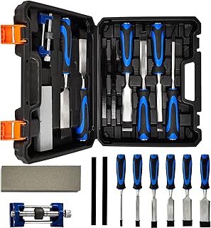 10-Piece Wood Chisel Set, Bevel Edge Wood Carving Chisel, Soft Grip with Strike Cap Set for Woodworking, Cr-V Construction Heavy Duty Chisel with Honing Guide, Sharpening Stone, Pencil & Storage Case