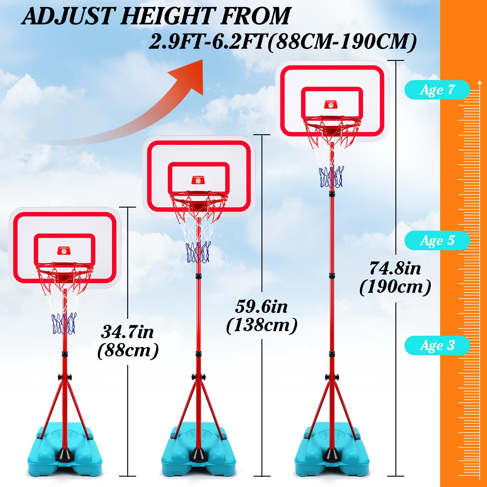 SUPER JOY Canestro Basket Bambini - Canestro Basket Esterno Interno Bambini - Mini Basket Canestro Bambini e Supporto3 4 5 6 7 Anni Set da Basket Portatile Regolabile da 88-190cm Con 3 palle ecc.