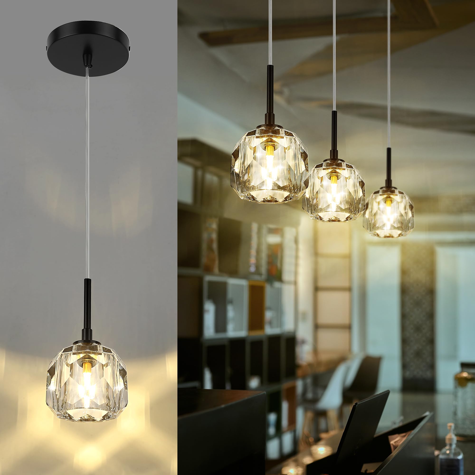 AUTELO Crystal Pendant Lights Kitchen Island, Mini Modern Pendant Light Fixtures in Matte Black Metal Finish, Kitchen Pendant Lighting Over Island for Dining Room, Bedroom, H3878 BK