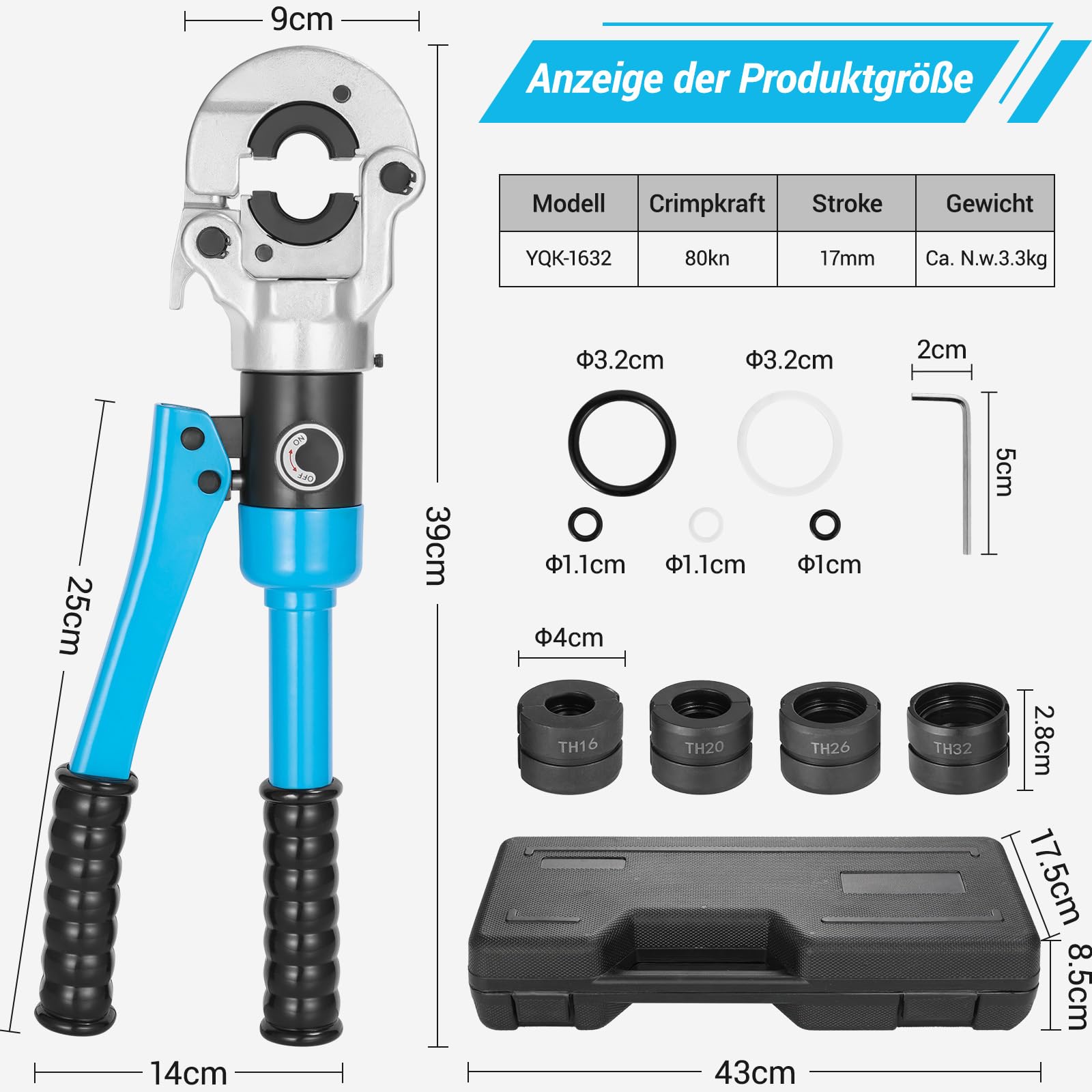 TLGREEN Pinza Crimpare TH per Tubo plastica e alluminio,16-20-26-32mm,360° Testa Rotante,8T,Crimpatrice Multistrato,Pinza per Serra Multistrato,Pinza a Pressione Idraulica