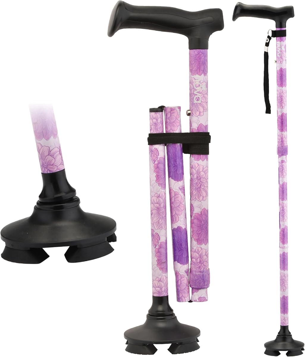 NOVA Bastón cuádruple plegable para personas mayores, bastón ajustable de pie con punta cuádruple pivotante, ayuda de movilidad plegable ligera, bolsa de transporte adicional y puntas de repuesto, color morado floral