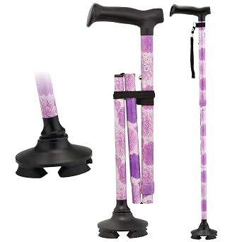 NOVA Foldable Quad Cane for Seniors, Self Standing Adjustable Walking Cane with Pivoting Quad Tip, Lightweight Collapsible Mobility Aid, Bonus Carry Pouch & Replacement Tips, Purple Floral