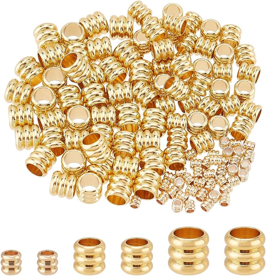 PH PandaHall 120pcs 14K Gold Plated Beads Column Spacer Beads 3 Sizes Brass Grooved Tube Bead Metal Loose Spacer Bead for Jewelry and Lanyards Making, Hole 1.6-4.5mm