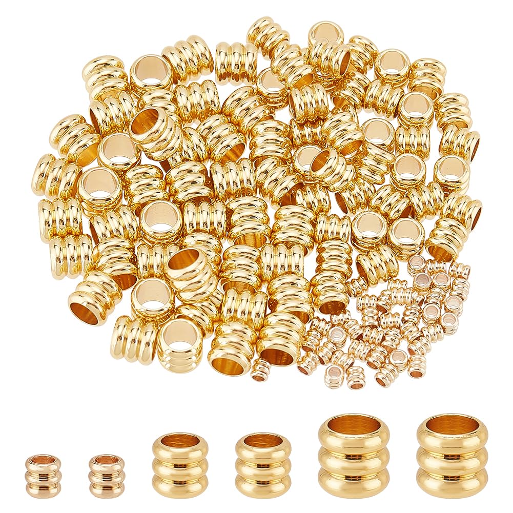 PH PandaHall 120pcs 14K Gold Plated Beads Column Spacer Beads 3 Sizes Grooved Tube Bead Metal Loose Spacer Bead for Jewellery and Lanyards Making Hole 1.6-4.5mm