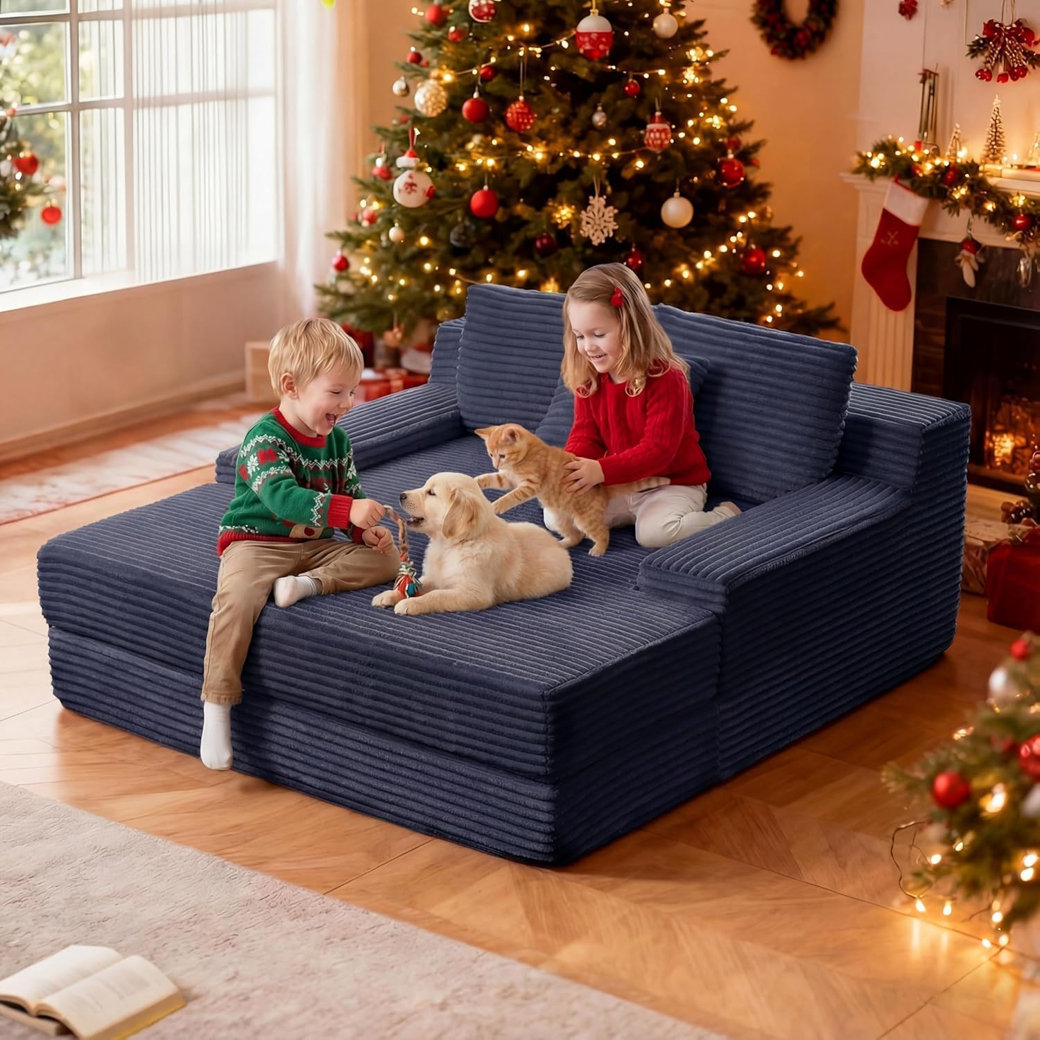 Boneless Chaise Lounge Chair Indoor - 59" Oversized Corduroy Floor Boneless Loveseat Sofa Couch for Living Room, No Assembly Required,Blue