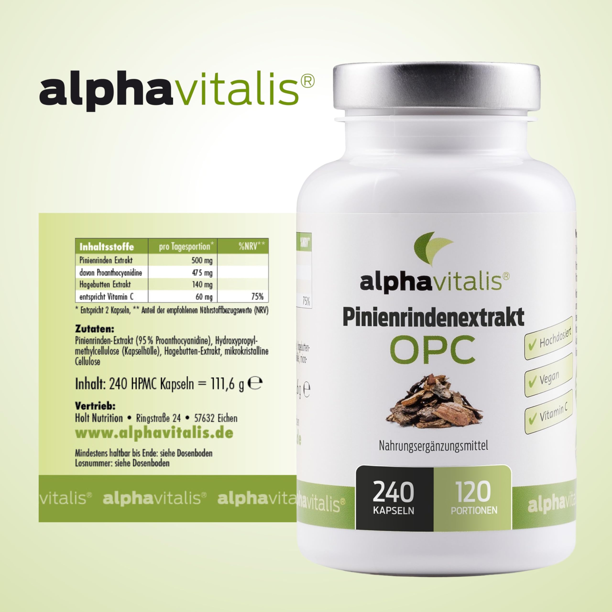 Pinienrindenextrakt Kapseln hochdosiert mit 32% OPC + natürliches Vitamin C - 240 Stk. - 500mg veganer Kiefernrindenextrakt - laborgeprüft aus Pinus pinaster