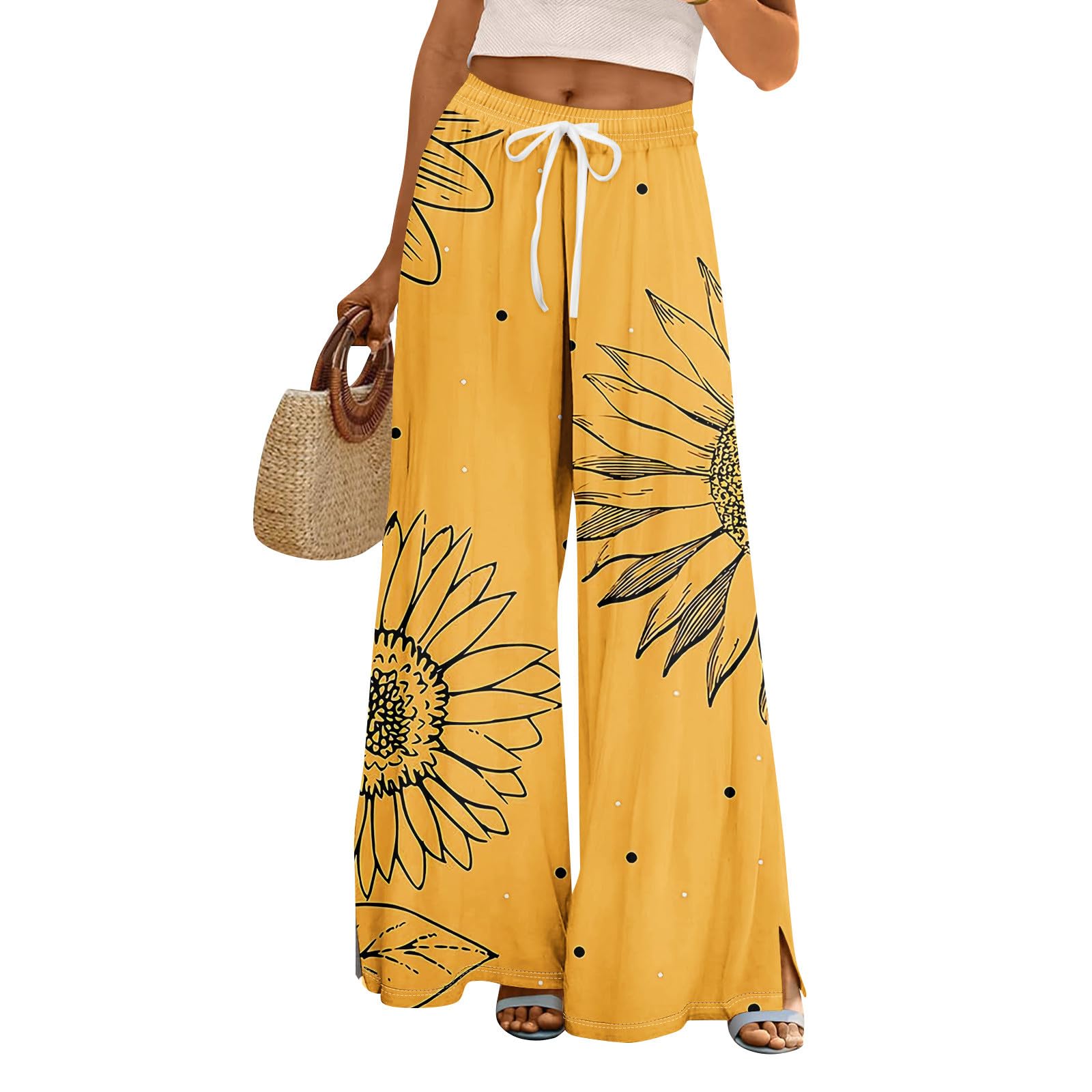 Dress Pants Women Petite High Waisted Wide Leg Summer Beach Vacation Womens Pants Boho Lounge Casual Palazzo Trousers