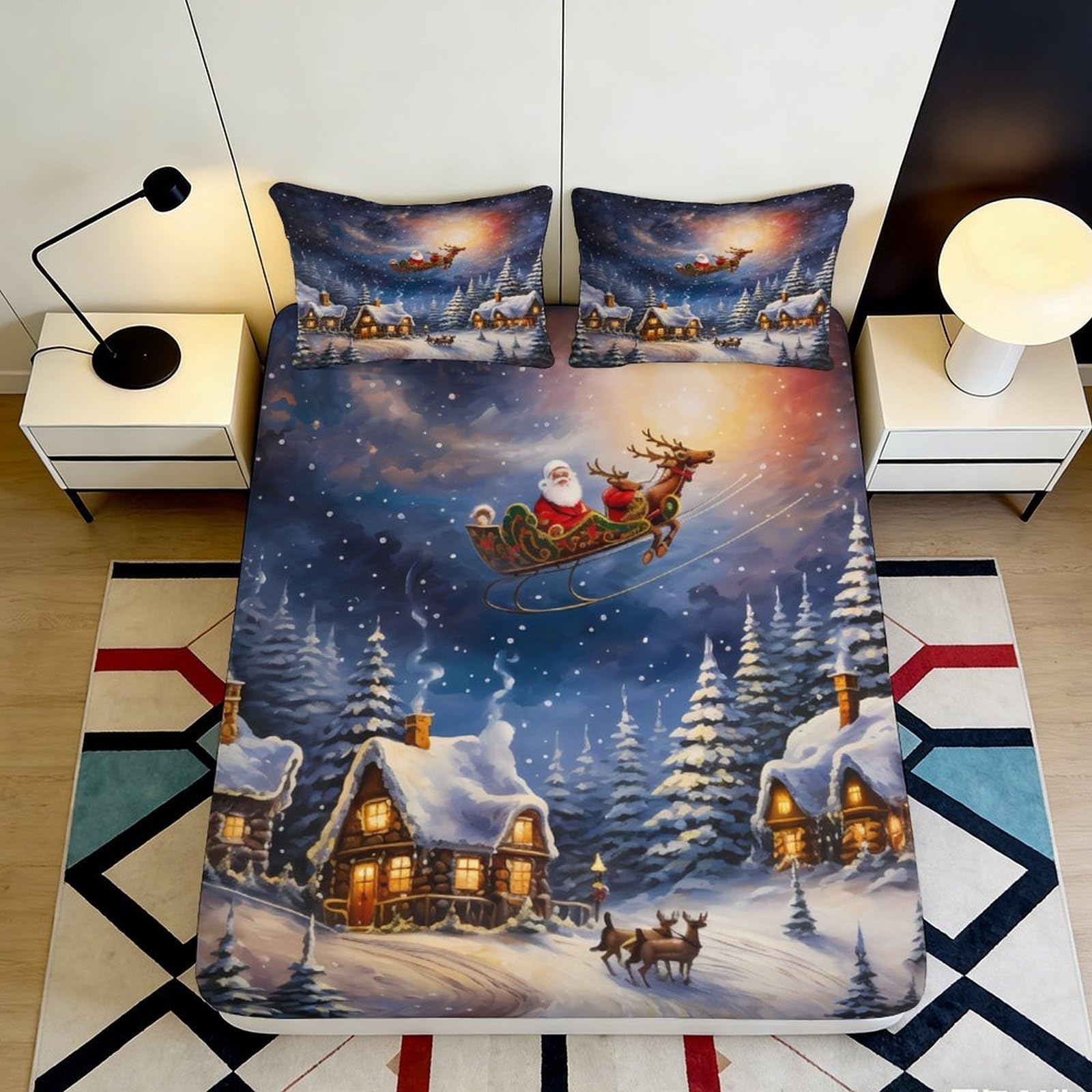 3D Printed Christmas Night Fitted Sheet Microfiber Santa Sleigh Bed Cover Snow Village Decor for Bedroom Guest Room 90x200x25cm
