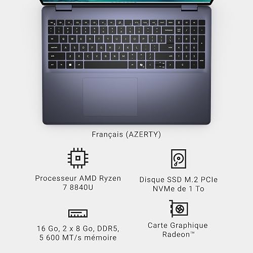Dell Inspiron 16 5645 Ordinateur Portable, Processeur AMD Ryzen 7-8840U, Écran 16'' FHD+, 16Go RAM, 1 TB SSD, Graphique AMD UMA, Windows 11 Home - Clavier rétroéclairé Français AZERTY, Indigo - 8