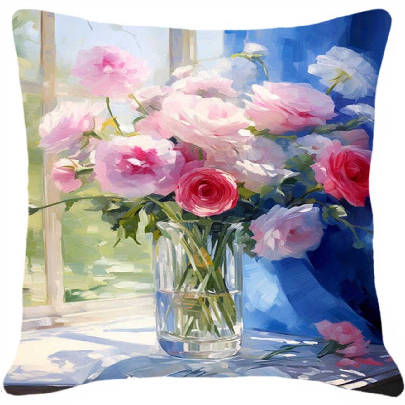 Henypt 9CT Cross Stitch Cushion Kit Flowers in A Vase DIY Cushion Embroidery Kit Needlepoint Handmade Needlework Cushions Kits Stitched Pillow Cover Set for Adults Beginners 50x50cm