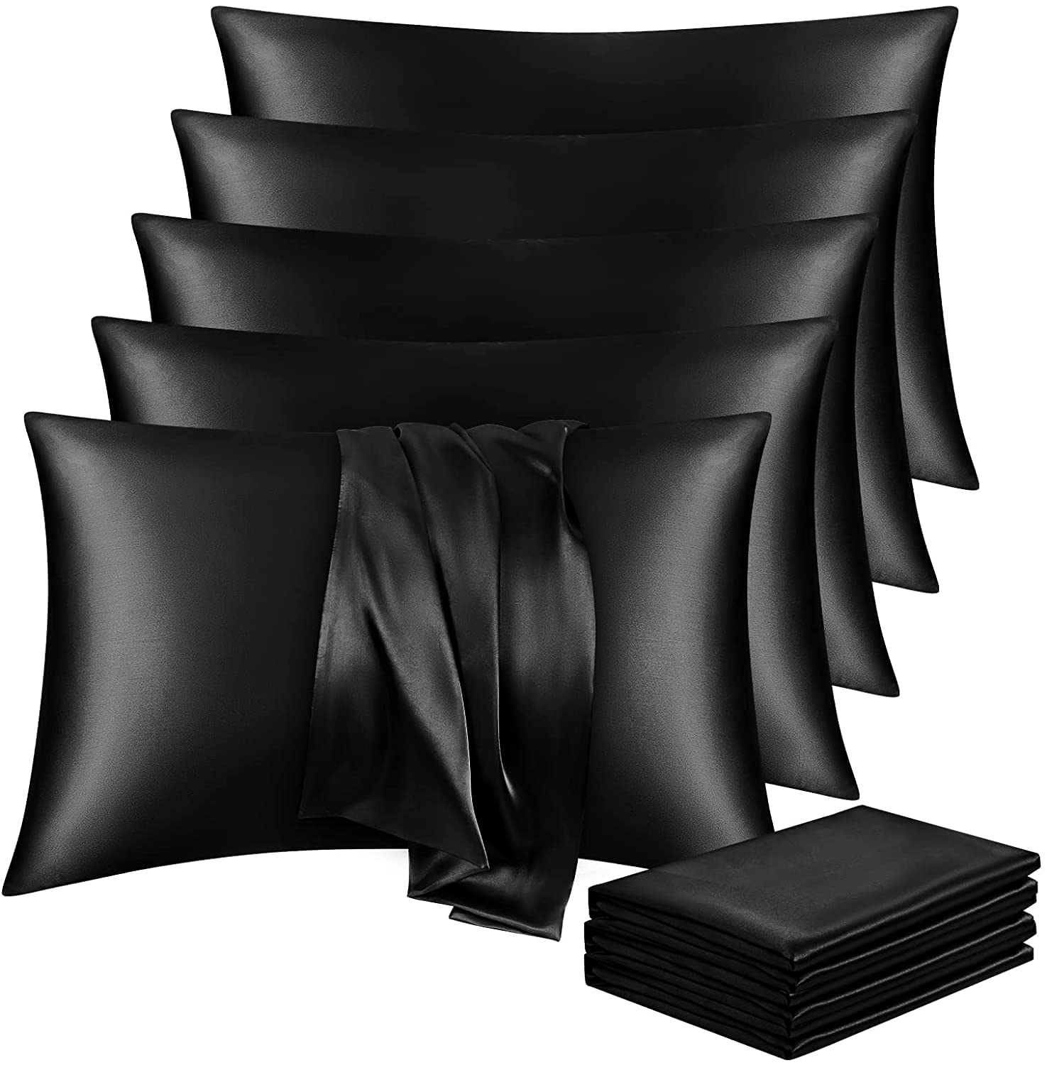 VCUSUELER 2 Federe In Raso Effetto Seta Standard 51x66 Cm - Nero - Lisce E Rinfrescanti Per Capelli E Pelle - Chiusura A Busta - Lavabili In Lavatrice - 3
