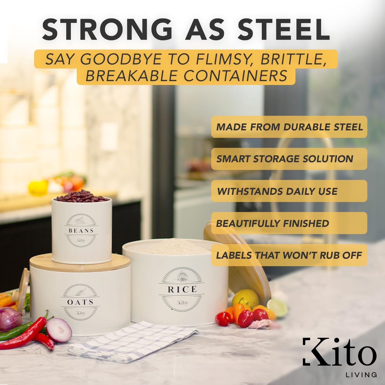 Kito LIVING Contenedores de almacenamiento de avena y arroz de frijol con tapas herméticos, almacenamiento de alimentos organización despensa cocina bujes con tapas de bambú, apilables y