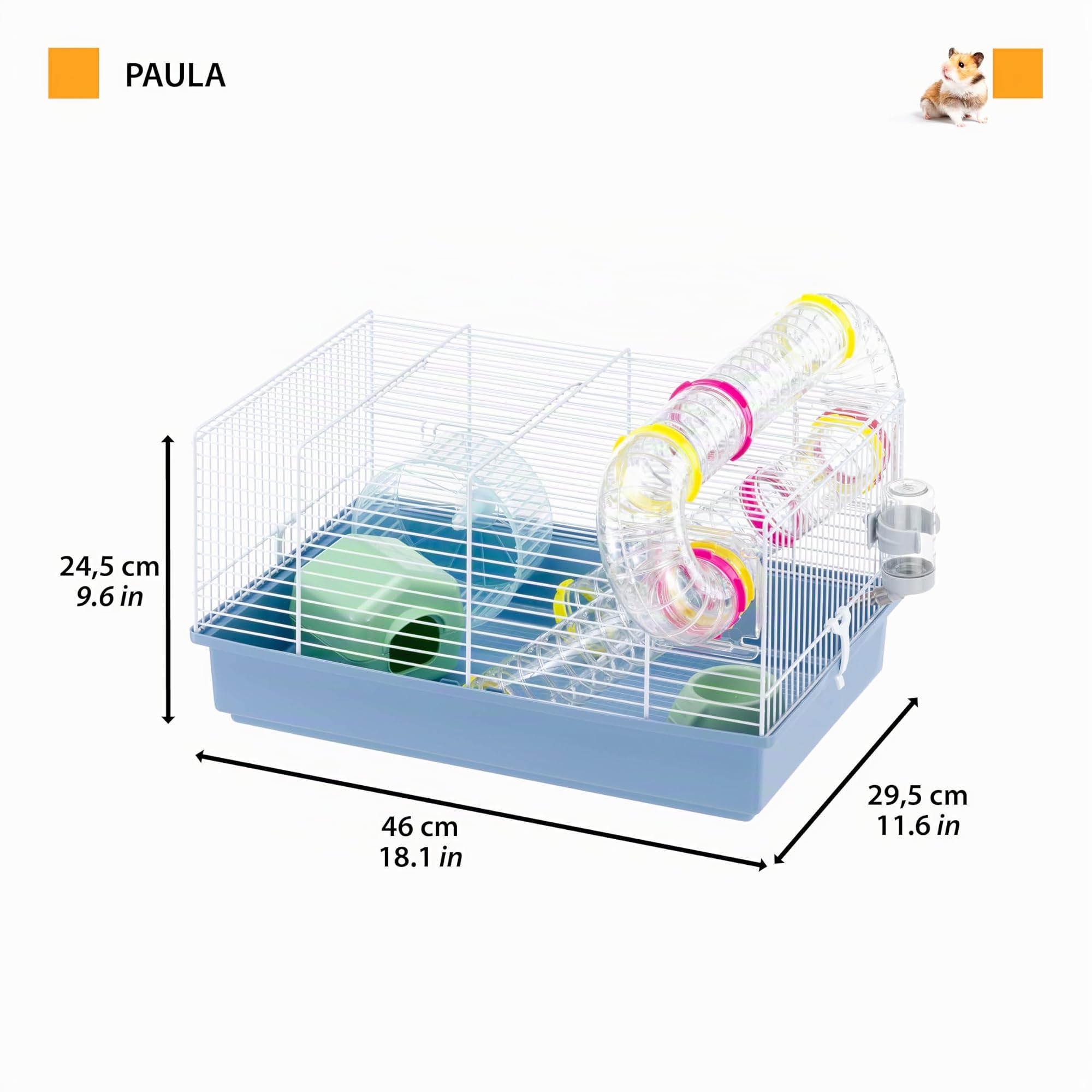Ferplast Gabbia Roditori Paula per Criceti, in Metallo, Accessori Inclusi: Mangiatoia, Beverino, Casetta, Ruota, Set Tubi. 46x29,5xh24,5cm