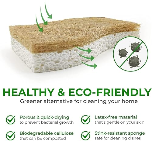 Miniatura 4 de AIRNEX Paquete de 24 esponjas de cocina naturales biodegradables  Esponja de celulosa compostable y coco coco  Esponjas ecológicas para platos