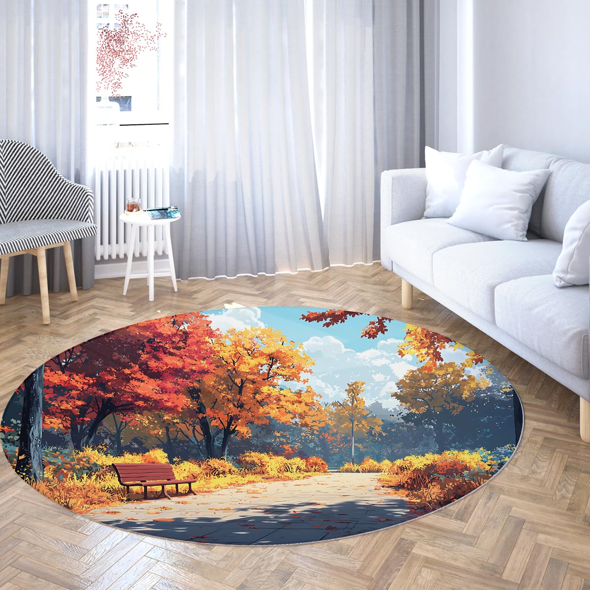 Tapis de terrain rond 90 cm pour un salon chaleureux au motif naturel