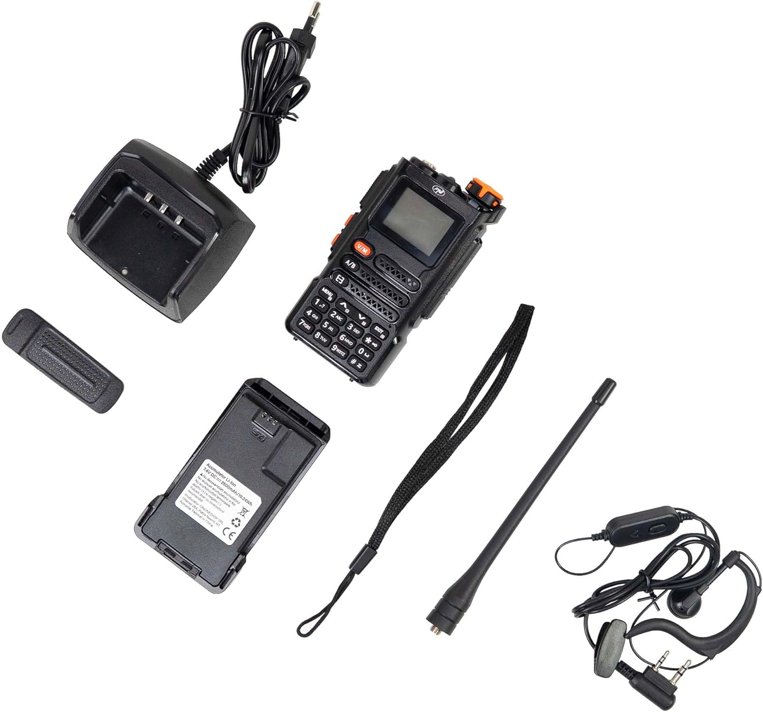 Image showing all components included in the PNI P16UV package: radio, antenna, battery, desk charger, headset, and lanyard.