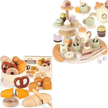 Wooden Tea Party Set, Tea Party Pretend Play and Wooden Play Food Bakery Toy Sets
