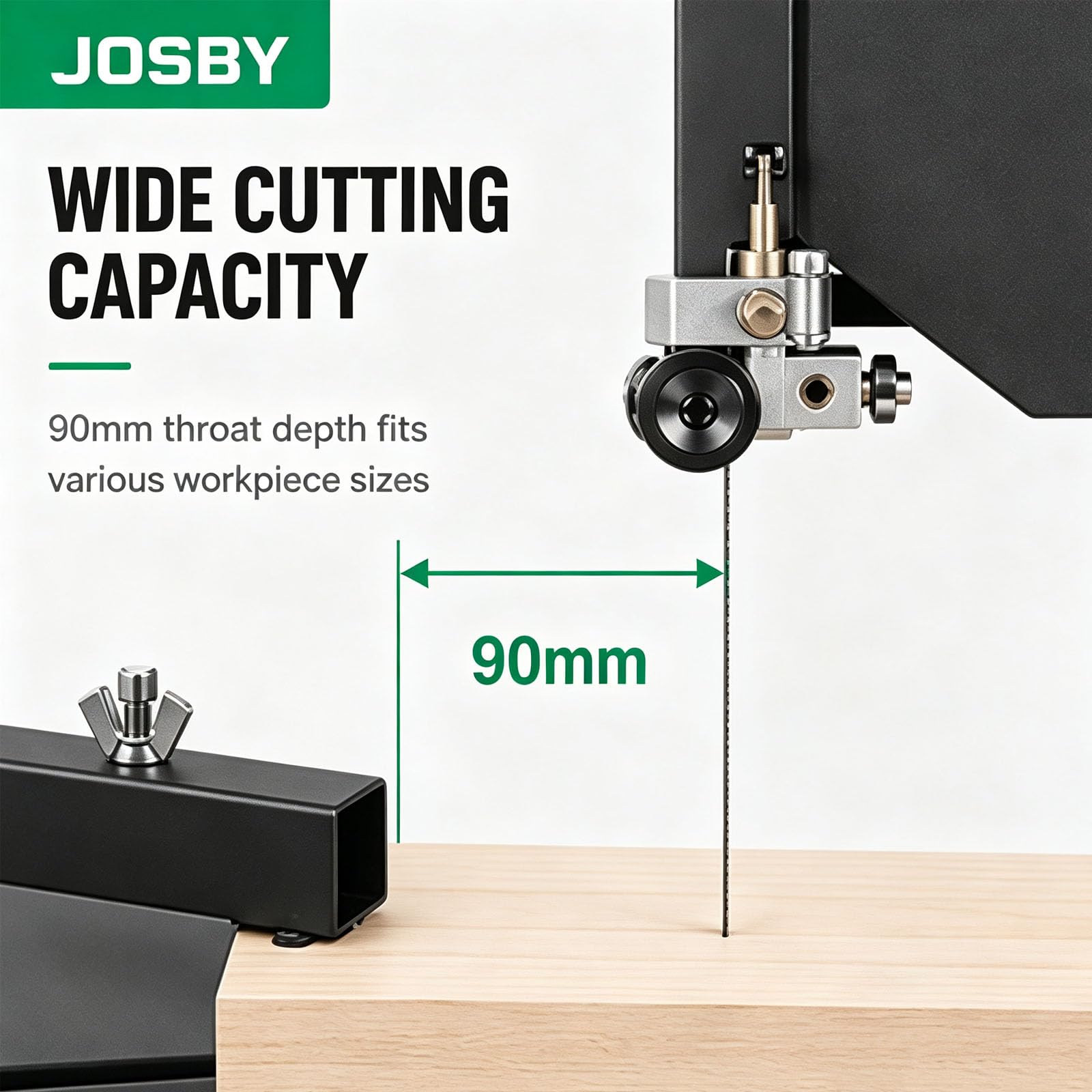 JOSBY Sierra De Cinta De Sobremesa De 800 W, Sierra De Cinta Portátil para Madera De 1750 RPM, Corte Angular De 0 A 45°, Profundidad De Corte De 70 Mm Y Profundidad De Garganta De 90 Mm