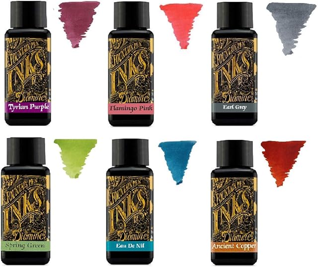 Diamine - 30ml Fountain Pen Ink - Colour Wheel - 6 Pack - Tyrian Purple, Flamingo Pink, Earl Grey, Spring Green, Eau de Nil, Ancient Copper