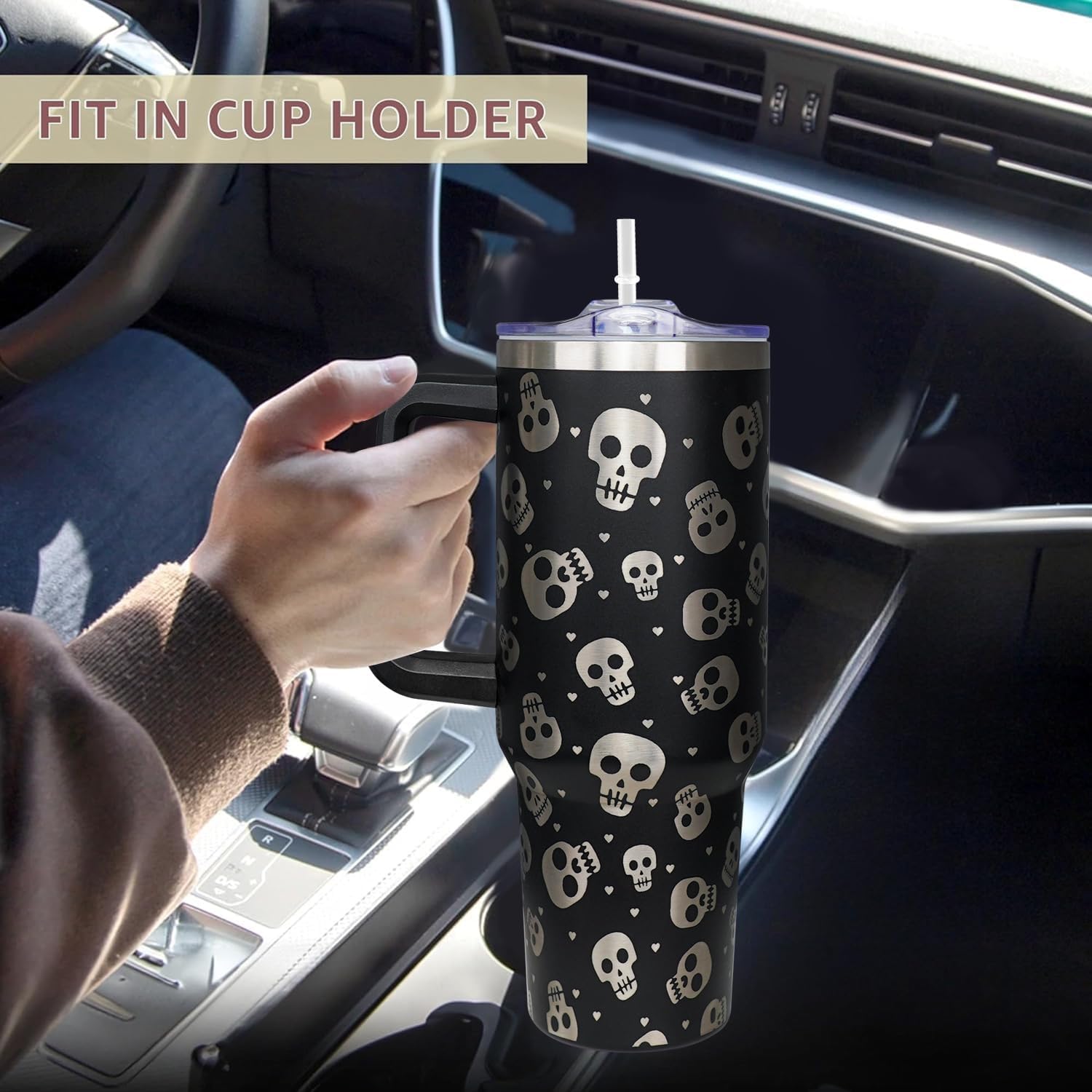 40oz Halloween Tumbler with Handle,Skeleton Coffee Cups with Handle Lid and Straw,Stainless Steel Insulated Travel Mug, Halloween gifts for women & men - Image 4