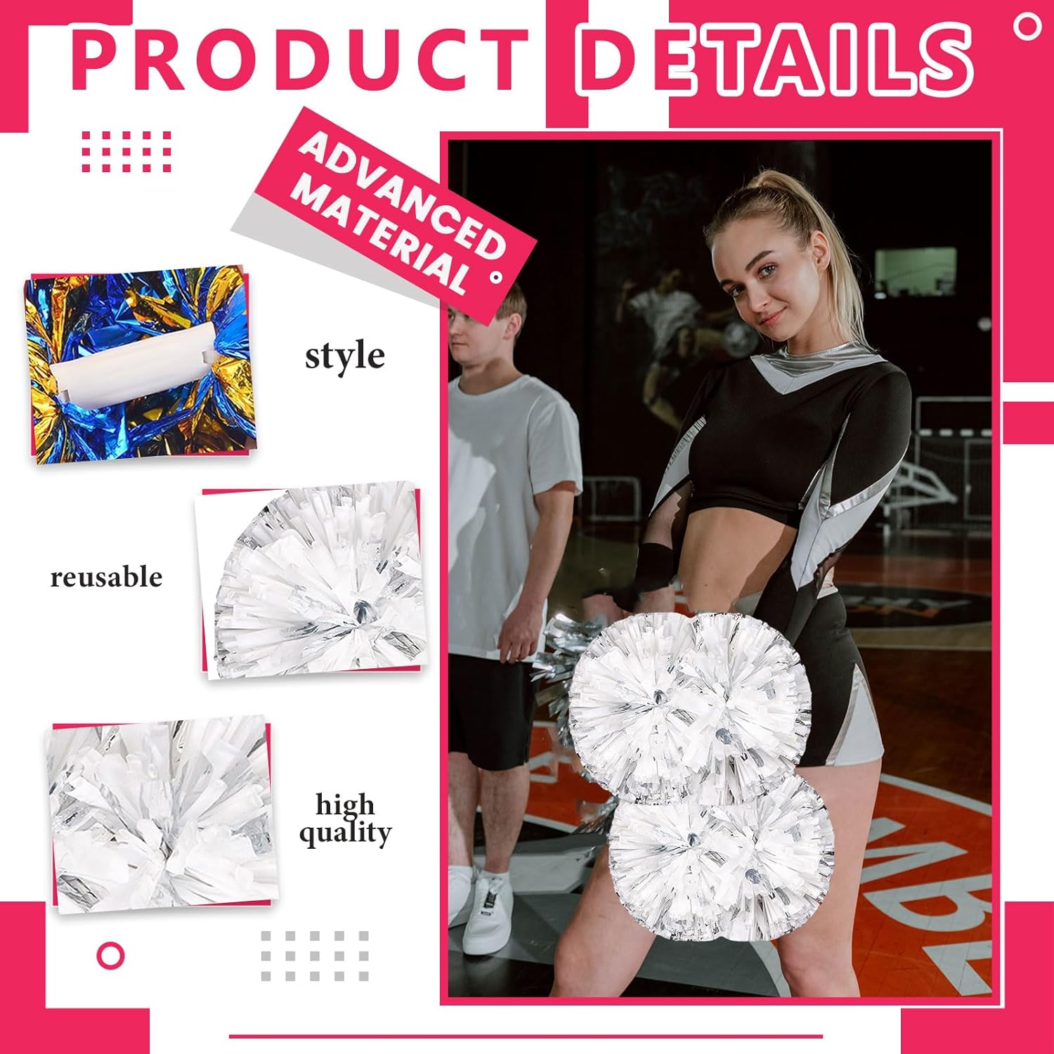 Metallic Cheerleading Pom Poms, 12Pcs Cheerleaders Cheer Pom Poms with Baton Handle Metallic Foil Pompoms for Adult (Silver)