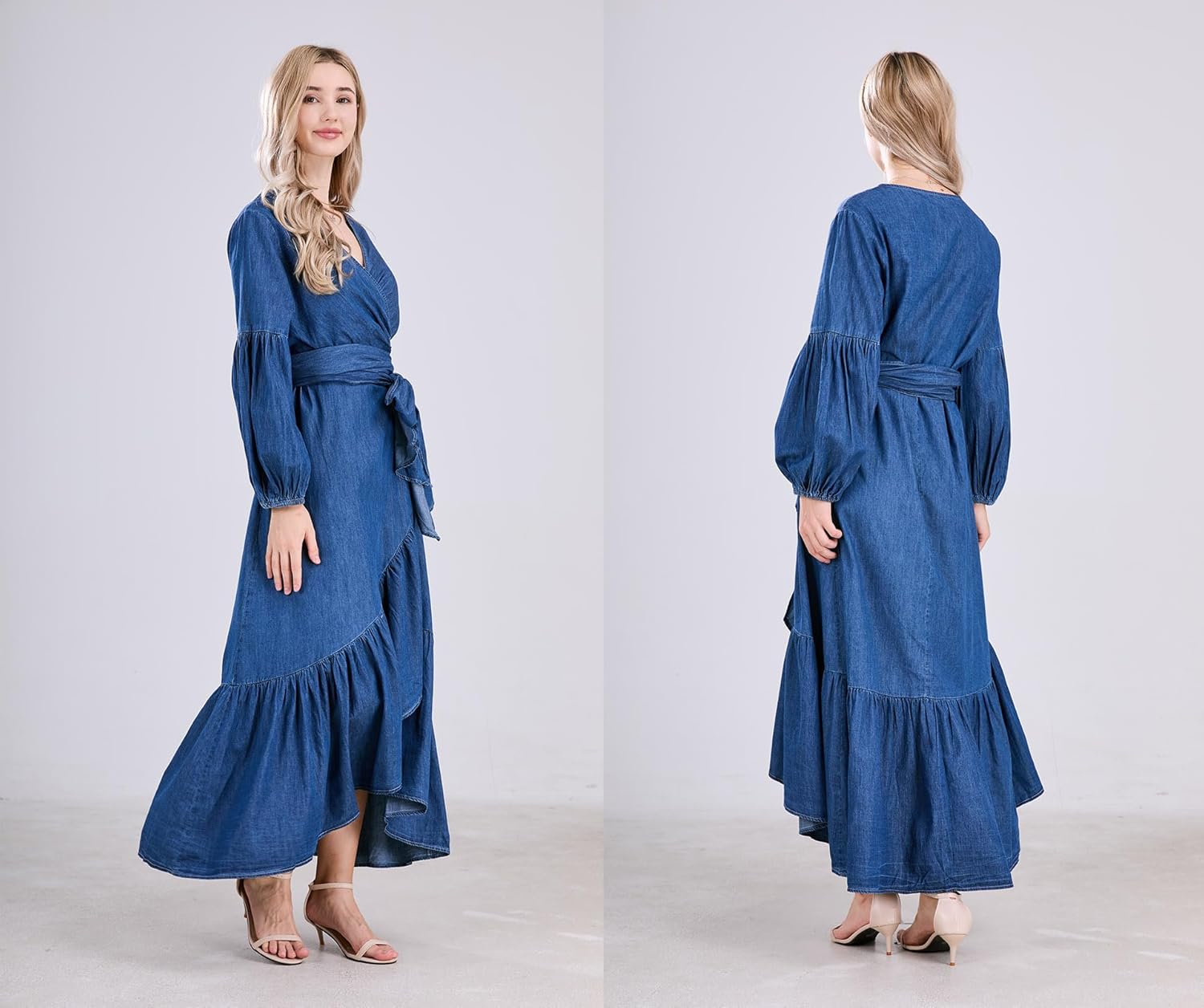 utcoco Womens Casual Belted Long Sleeve Denim Dress Wrapped V-Neck Ruffle Hem Maxi Denim Dresses for Women 2025 - Image 7