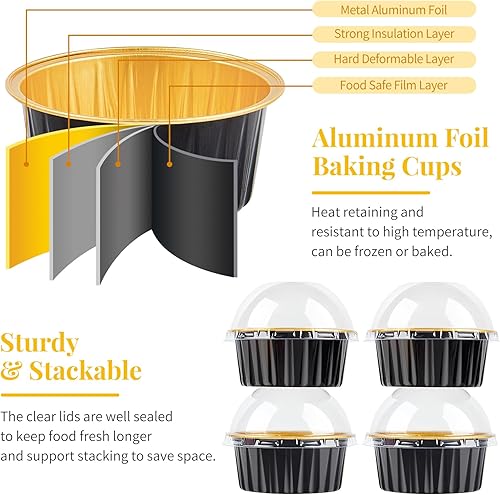 Miniatura 3 de ZORRITA Paquete de 100 mini moldes para cupcakes de 5 onzas con tapas de cúpula y tenedores, tazas de papel de aluminio para hornear pasteles,