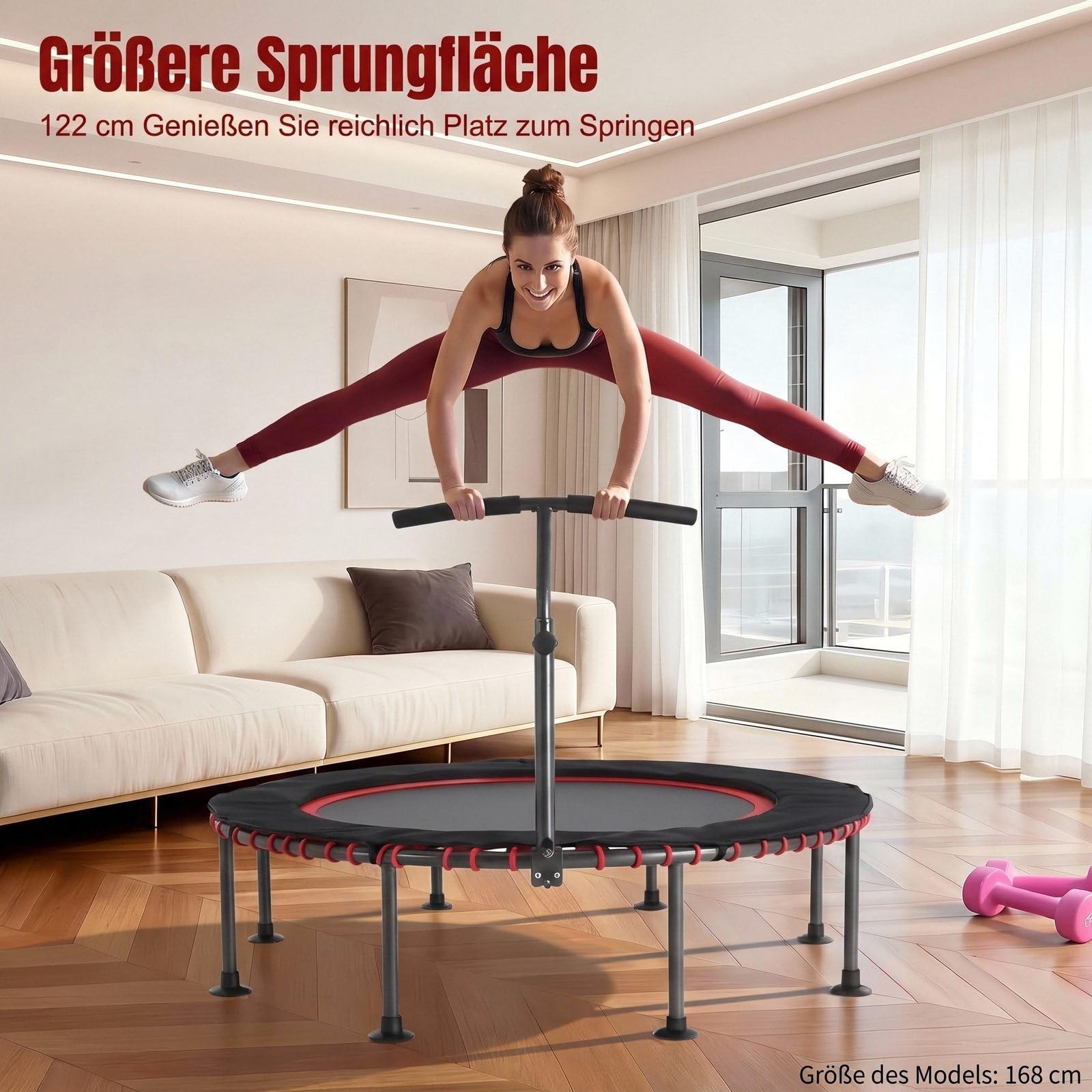 LIFERUN Trampolino elastico per interni, per adulti, diametro di 122/128cm, per allenamento, portata 150 kg, sospensione in corda in gomma stabile e silenziosa, manico regolabile in altezza a 3,Rosso