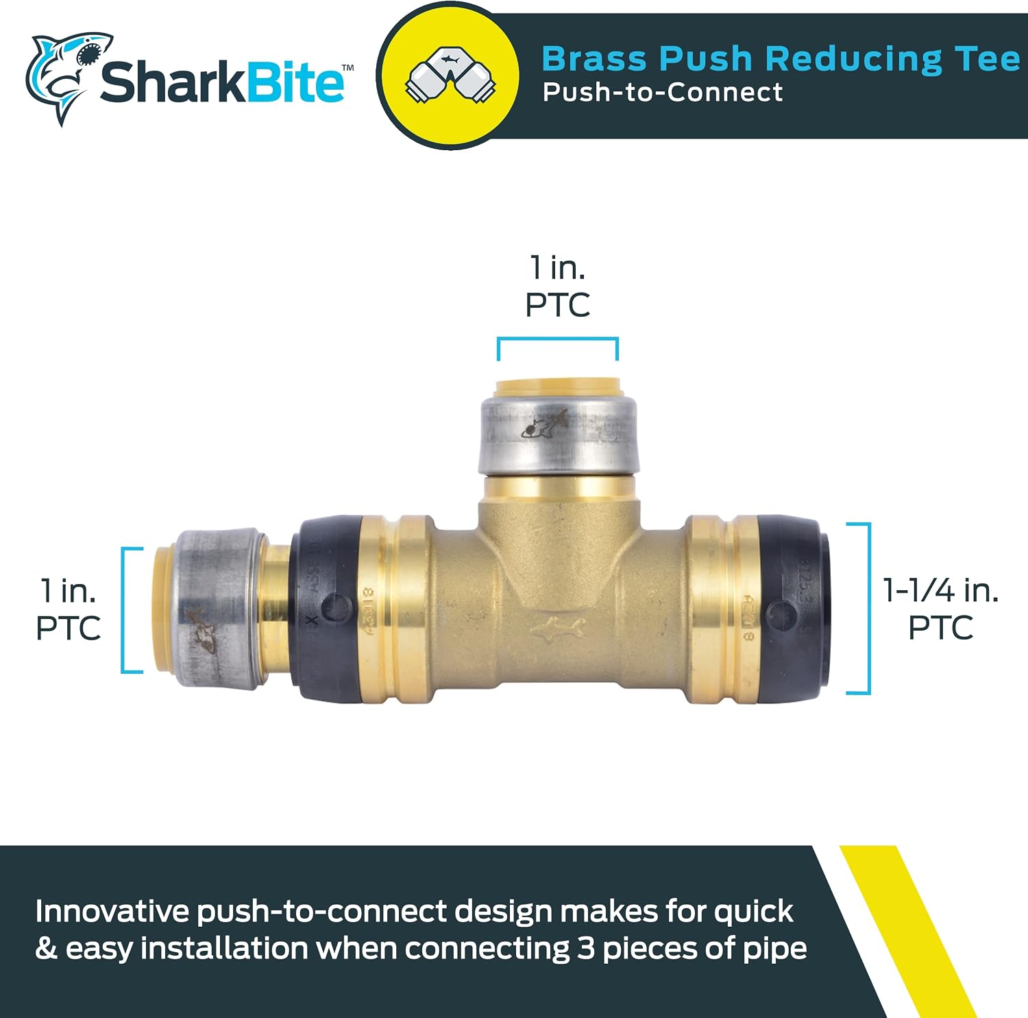 SharkBite 1-1/4 Inch x 1 Inch x 1 Inch Reducing Tee, Push To Connect Brass Plumbing Fitting, PEX Pipe, Copper, CPVC, PE-RT, HDPE, UXL08352828