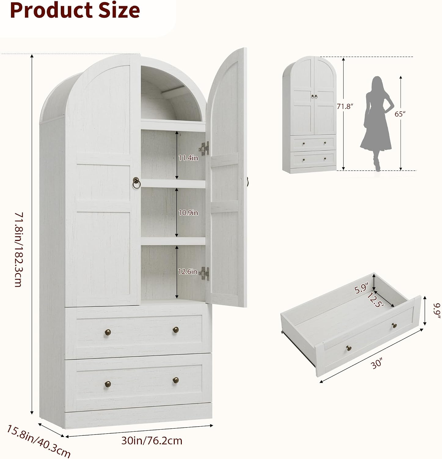 IDEALHOUSE 72"H Arched Kitchen Pantry with 2 Drawers, Farmhouse Wooden Tall Kitchen Storage Cabinet w/ 2 Doors & 3 Shelves, Versatile Freestanding Food Cupboard for Kitchen, Dining Room, Rustic White