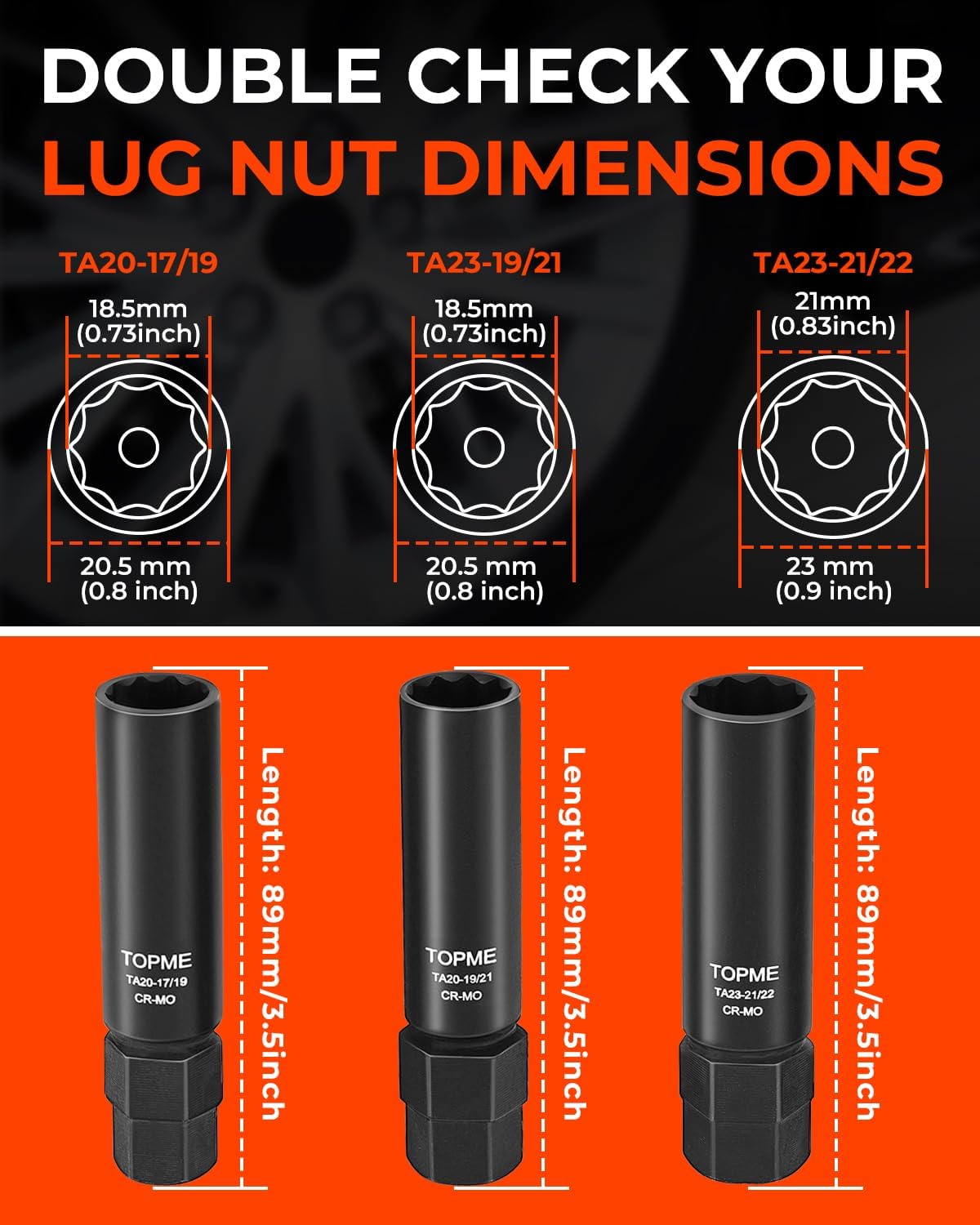 10 Spline Lug Nut Socket, Compatible with Bimecc 10 Spline Lug key, for Removing 10 Point Lug Nut Key For Truck Large SUV with 13/16 and 7/8 Hex Drive, CR-MO (3 Piece Set)