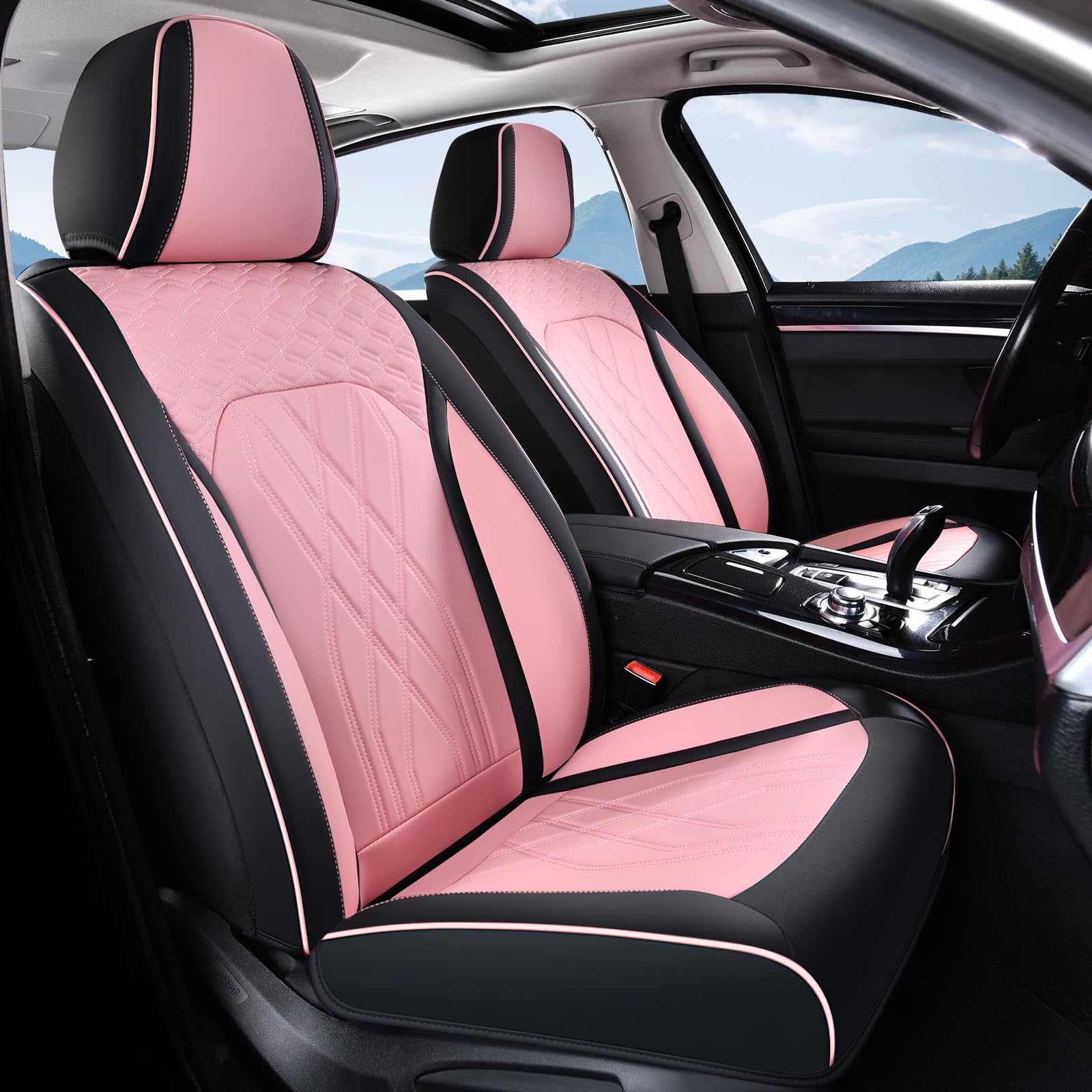 Automotive Seat Covers Leather Pink Seat Covers for Cars Front Seats Waterproof Car Seat Cushion Interior Covers Protector Vehicle Seat Cover Universal Fit for Most Car Truck SUV, Black&amp;Pink