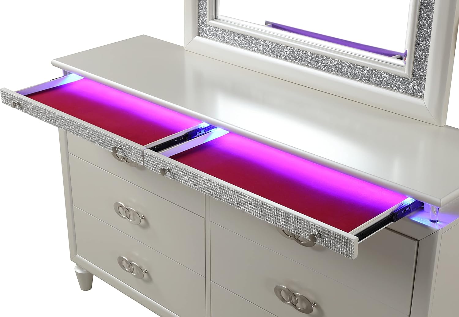 Dresser with 6 Tail Drawers, 2 Jewelry Drawers and LED Lights, Modern Style Wood Chests & Storage Cabinets with Bun Feet