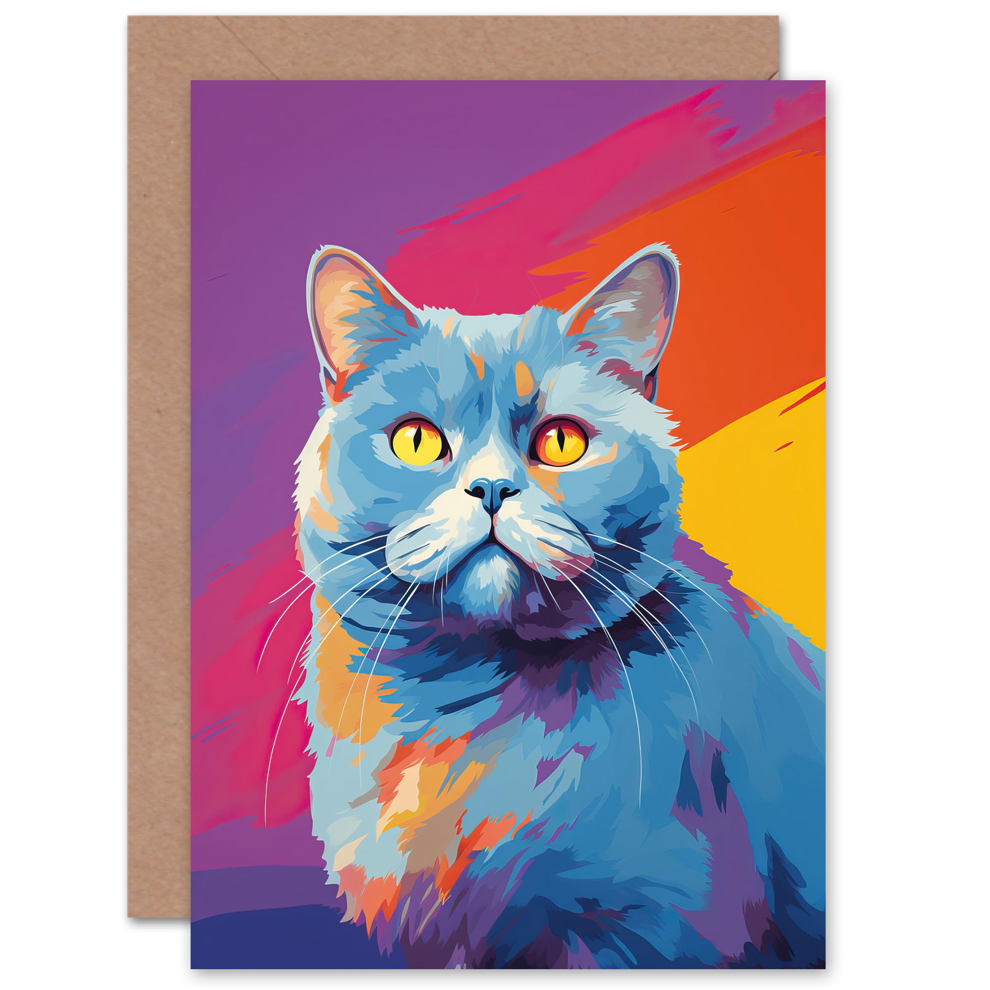 Artery8 British Shorthair Cat Lover Gift Pet Portrait Purple Orange Blue Artwork Painting Sealed Greeting Card Plus Envelope Blank inside
