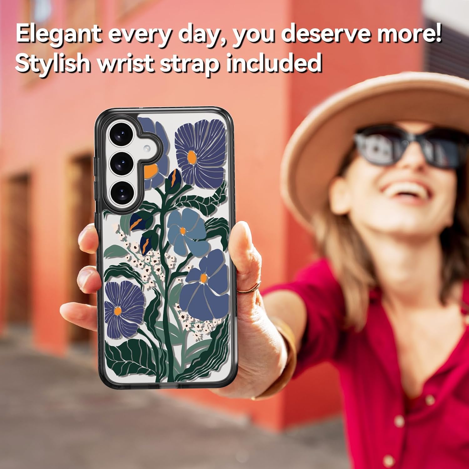 Rosarnnah Compatible for Samsung Galaxy S25 Case Cute Aesthetic - Durable Shockproof 6.6 ft Drop Impact Phone Case Cover with Funny Fashion Passiflora Caerulea Design 6.2" Black