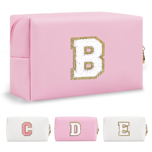 Miniatura 294 de Bolsa de maquillaje personalizada con inicial A-Z Preppy Patch, pequeña bolsa de cosméticos de PU con letra de chenilla y cierre para niñas Negro